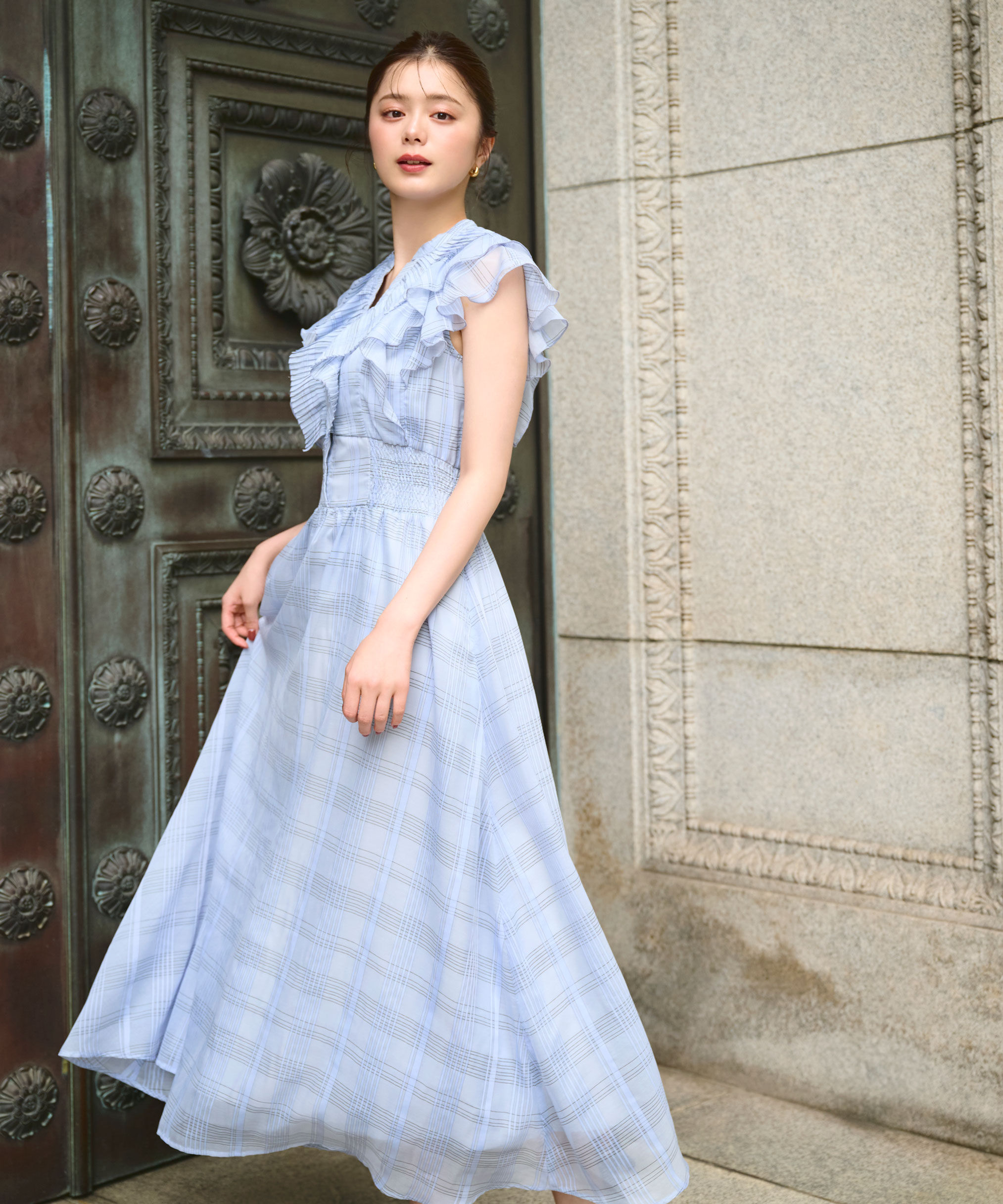  「シアープリーツフリルワンピース」|ワンピース|ブルーチェッ 1