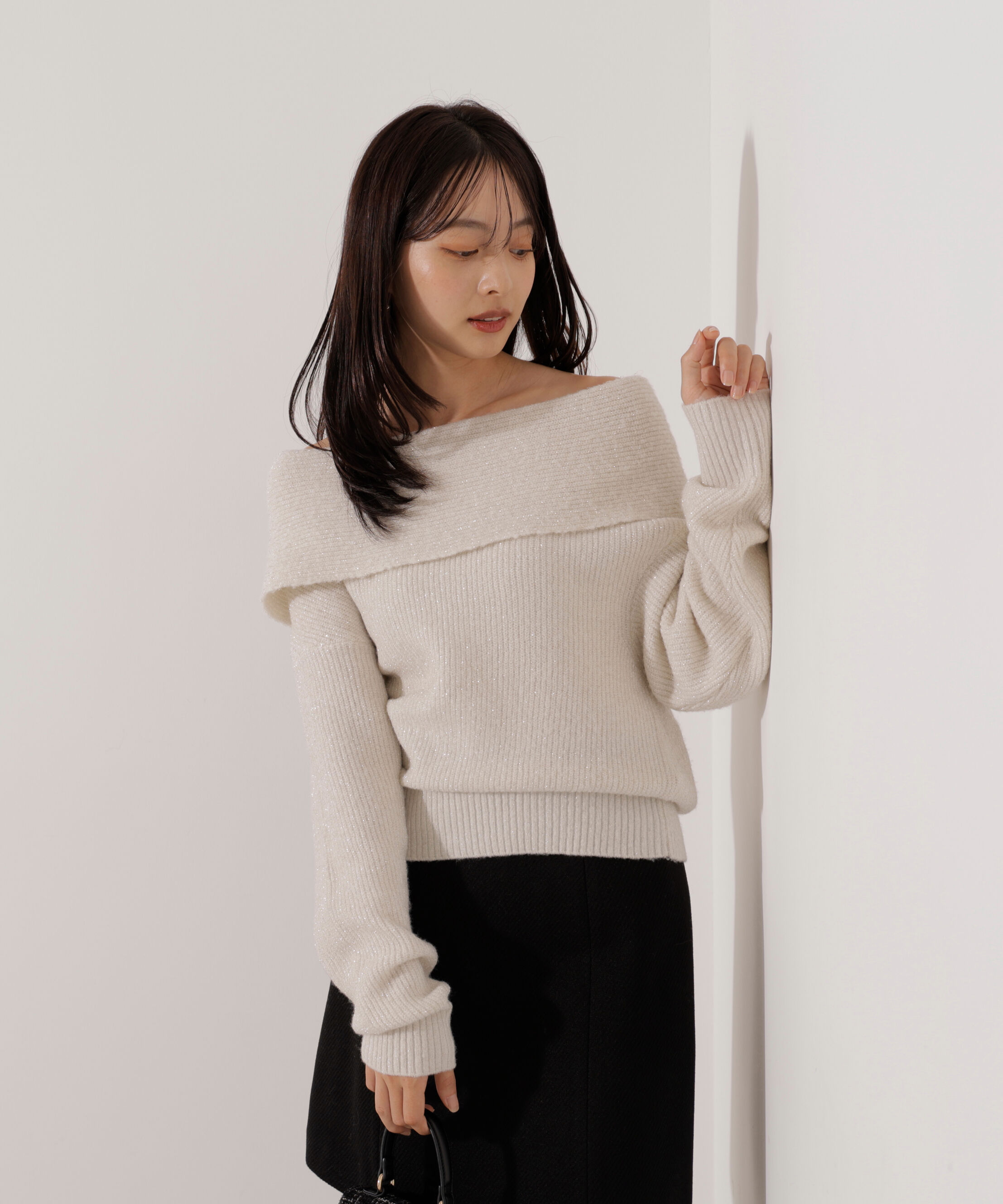 PROPORTION BODY DRESSING「ラメ入りオフショルニット」|ニット・セーター|ベージュ