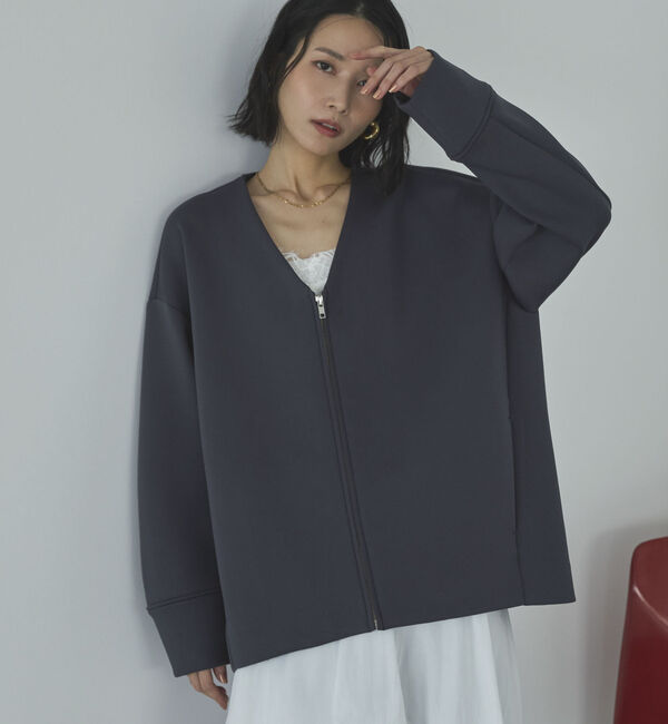 Doux archives「ボンディングノーカラーＺＩＰブルゾン」|テーラードジャケット|CHARCOAL GRAY