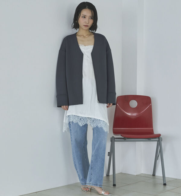 Doux archives「ボンディングノーカラーＺＩＰブルゾン」|テーラードジャケット|