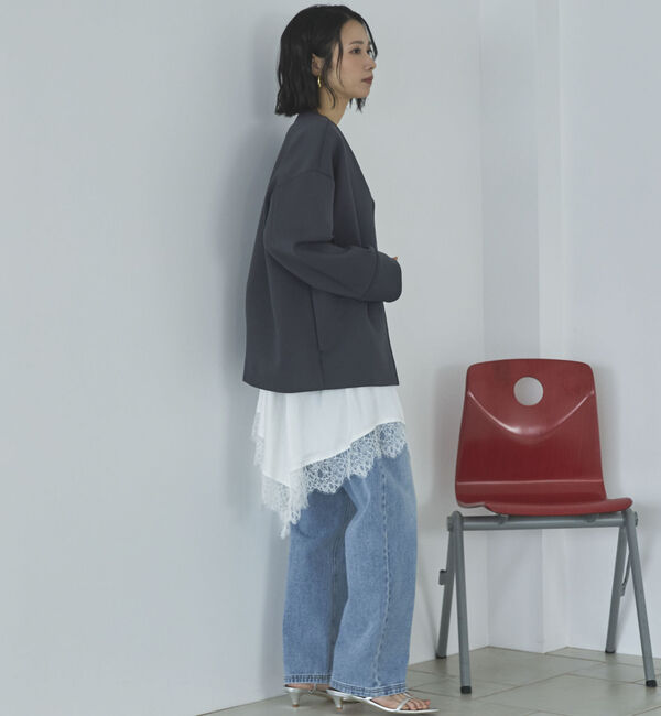 Doux archives「ボンディングノーカラーＺＩＰブルゾン」|テーラードジャケット|