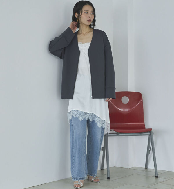 Doux archives「ボンディングノーカラーＺＩＰブルゾン」|テーラードジャケット|