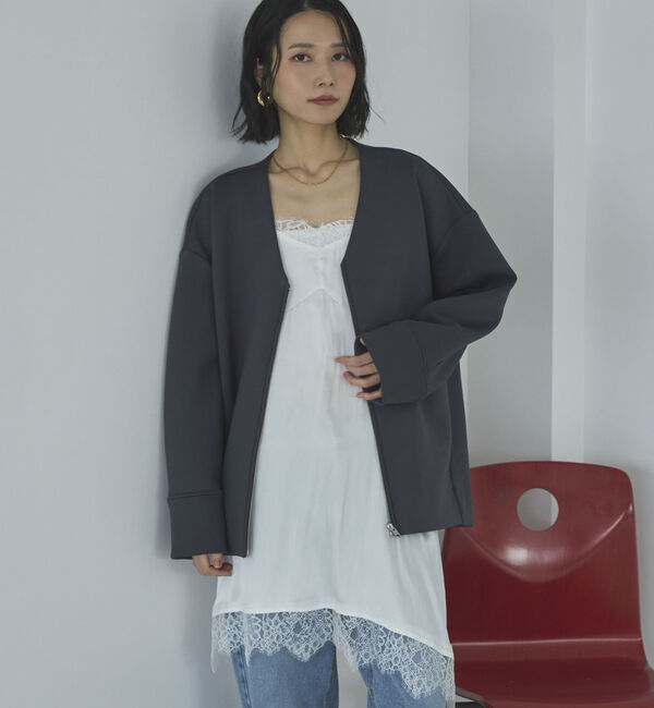 Doux archives「ボンディングノーカラーＺＩＰブルゾン」|テーラードジャケット|