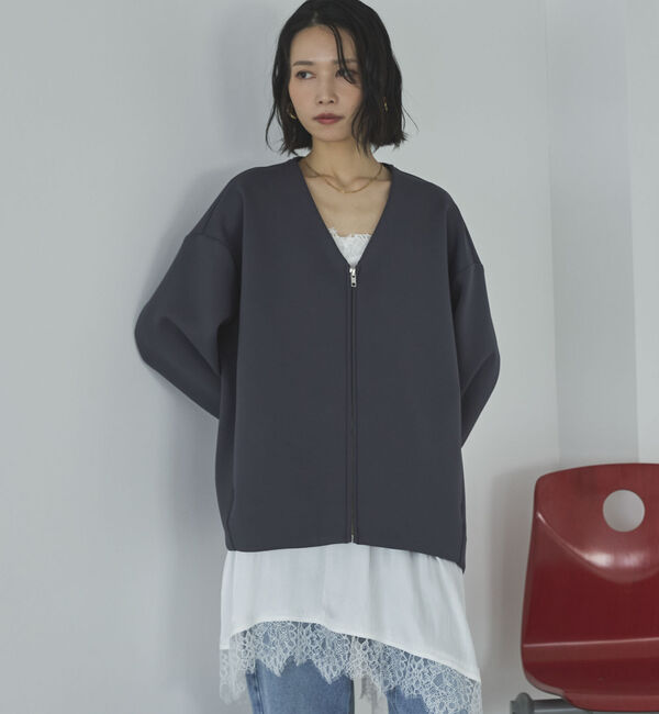 Doux archives「ボンディングノーカラーＺＩＰブルゾン」|テーラードジャケット|