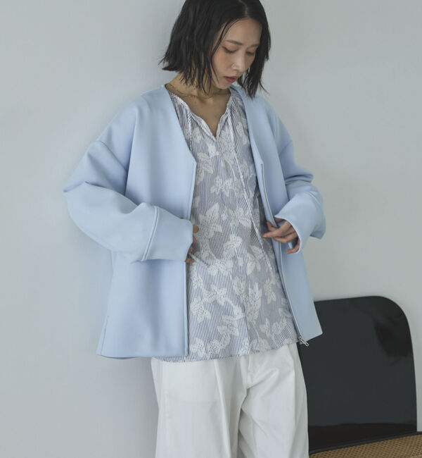 Doux archives「ボンディングノーカラーＺＩＰブルゾン」|テーラードジャケット|SAX