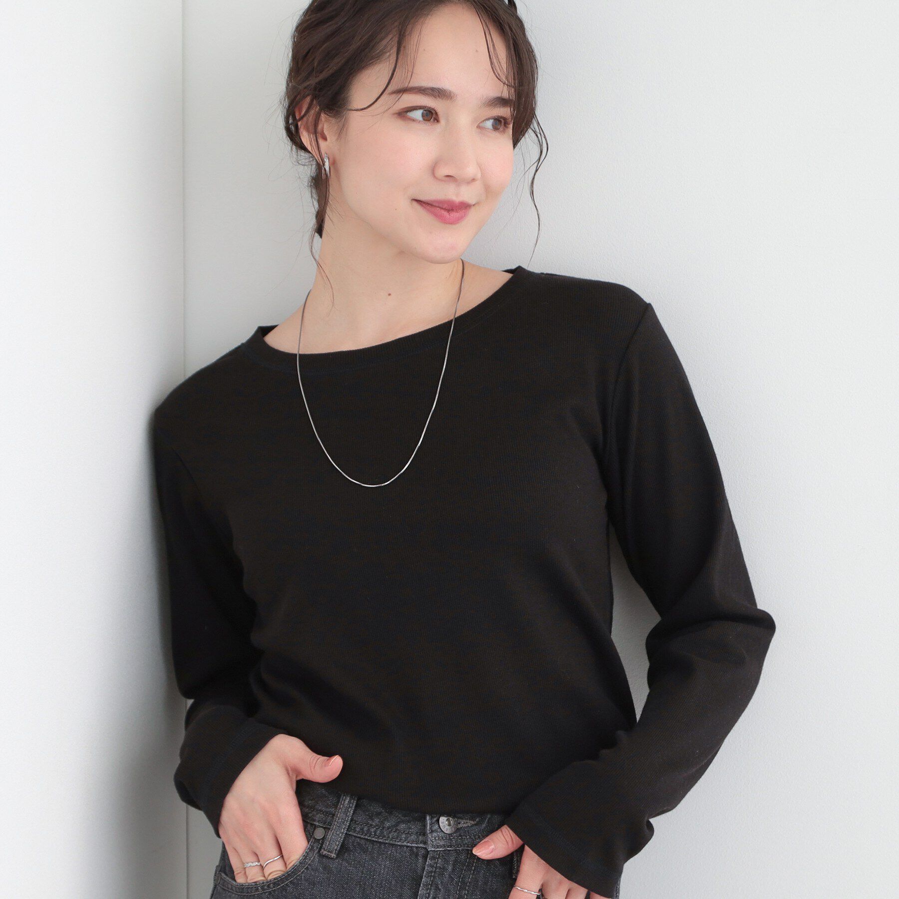 SHOO･LA･RUE「ベーシック テレコクルーネックインナー」|Tシャツ・カットソー|ブラック(019)