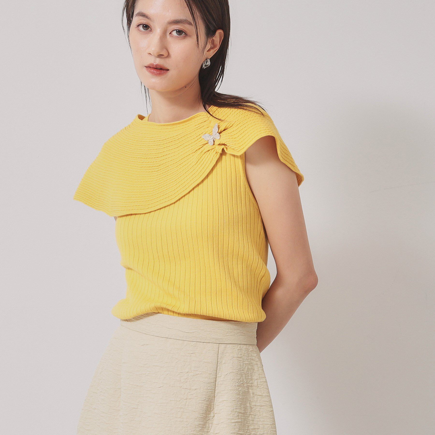 SunaUna「【2WAY／ケープ付き】フレンチスリーブニット」|ニット・セーター|イエロー(032)