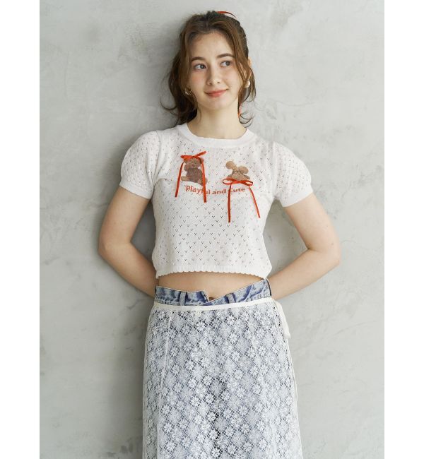 CALNAMUR「BEAR PRINT RIBBON KNIT /ベアプリントリボンニット」|ニット・セーター|