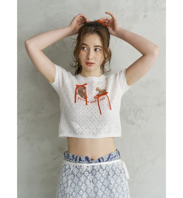 CALNAMUR「BEAR PRINT RIBBON KNIT /ベアプリントリボンニット」|ニット・セーター|