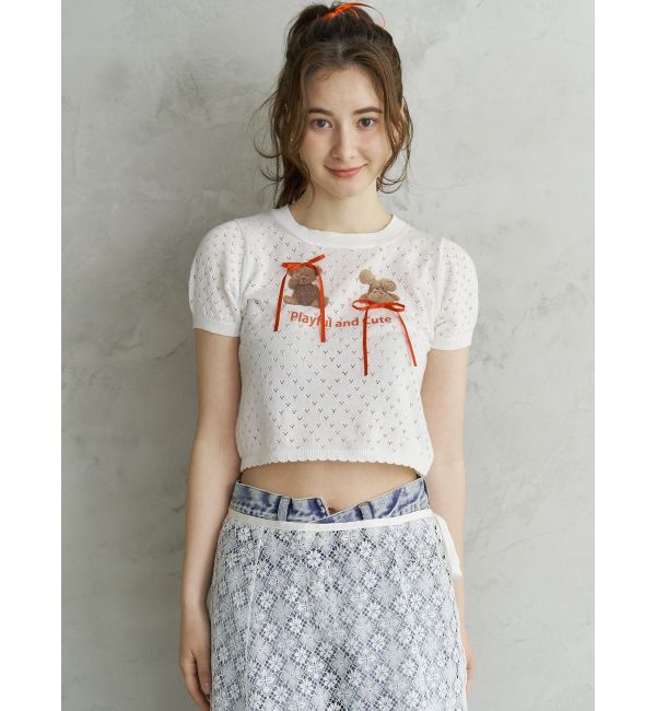 CALNAMUR「BEAR PRINT RIBBON KNIT /ベアプリントリボンニット」|ニット・セーター|