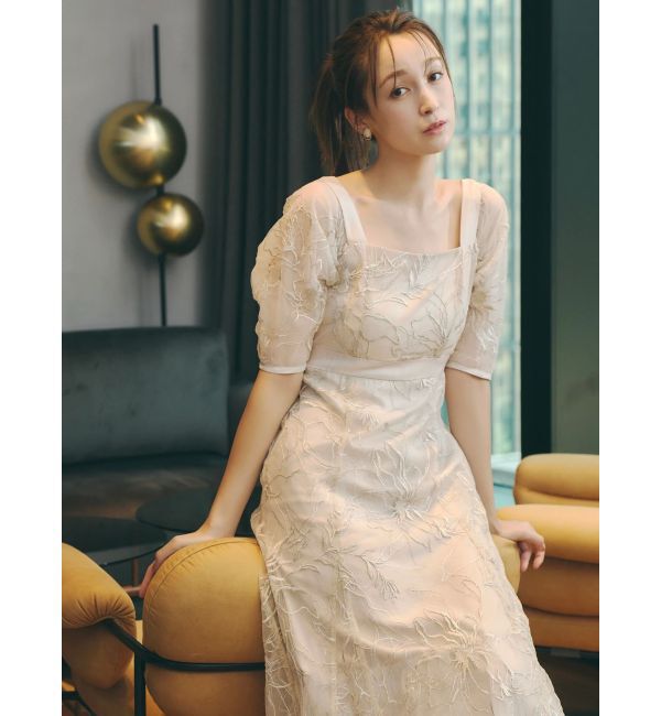 dazzlin「【藤井サチコラボ】ラメ刺繍チュール2WAYスリーブドレス」|ドレス|ベージュ