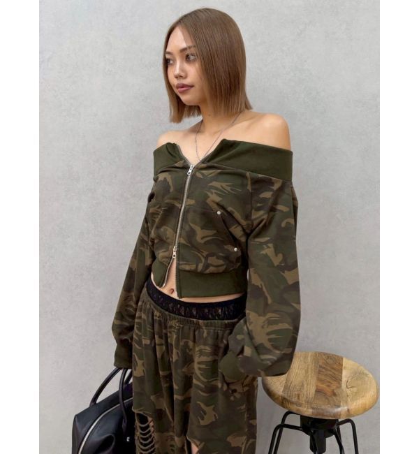 EVRIS「フロントジップオフショルスウェットトップス【セットアップ着用可能】」|スウェット・ジャージ|