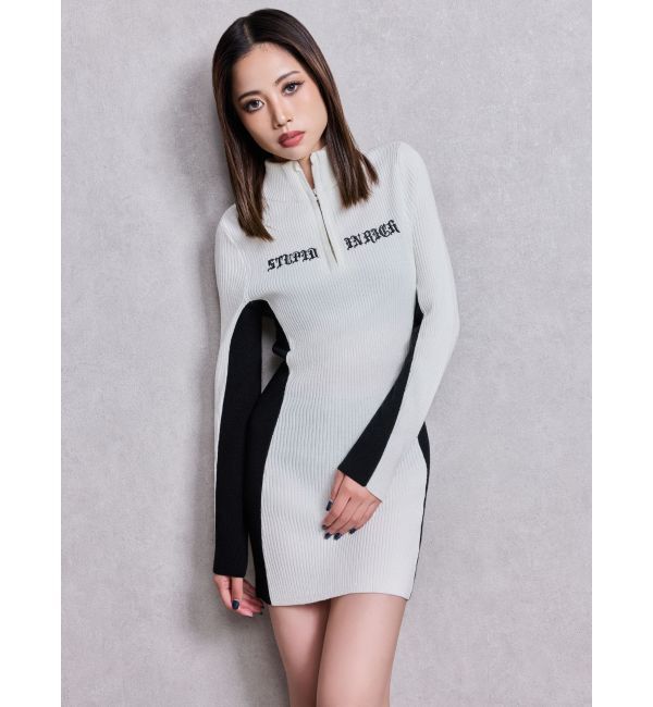 GYDA「BICOLOR WIDE LINEハーフZIPニットワンピース」|ワンピース|
