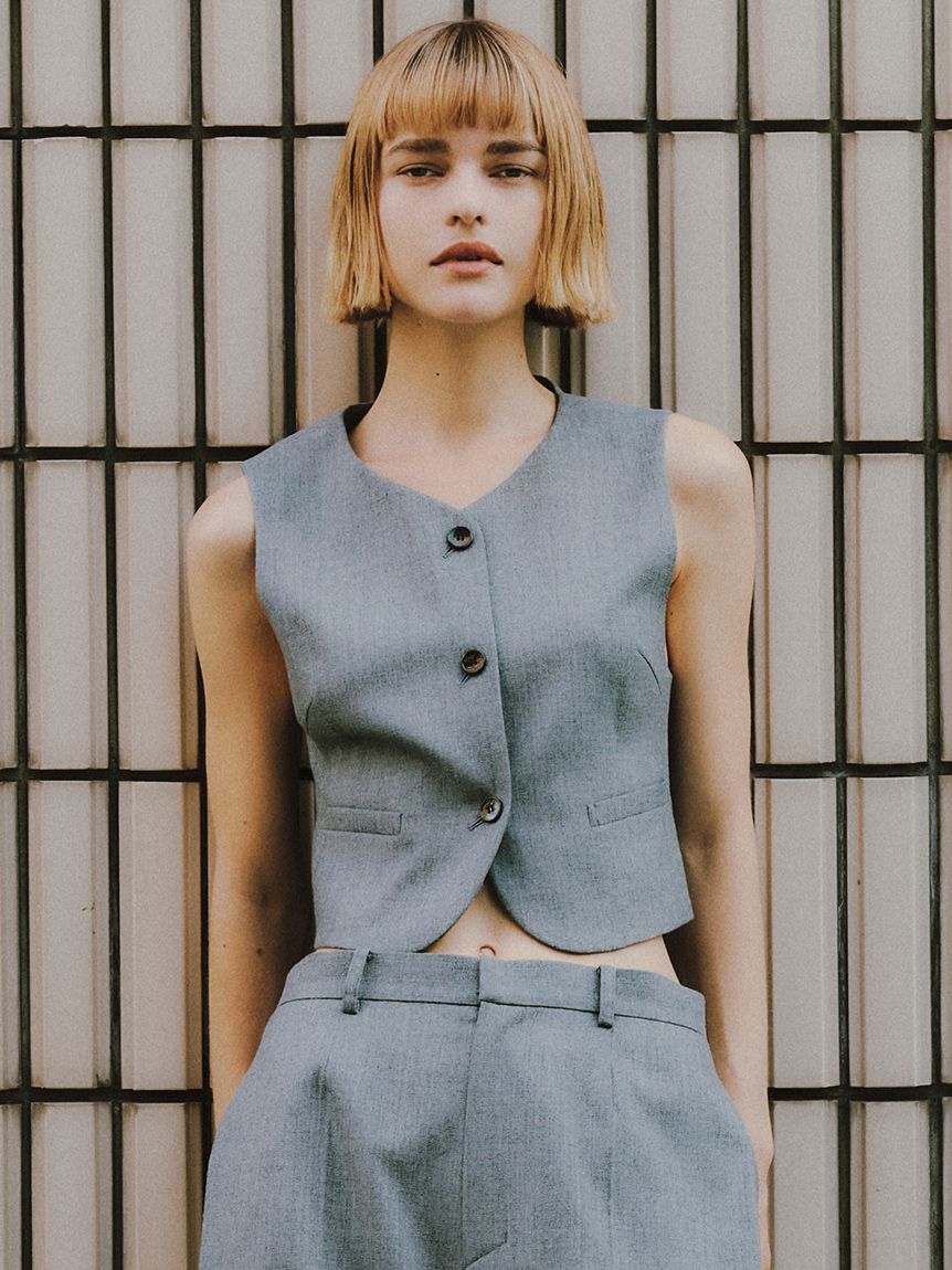styling/「【セットアップ対応】ラウンドネックスーツベスト」|ダウンベスト・ベスト|