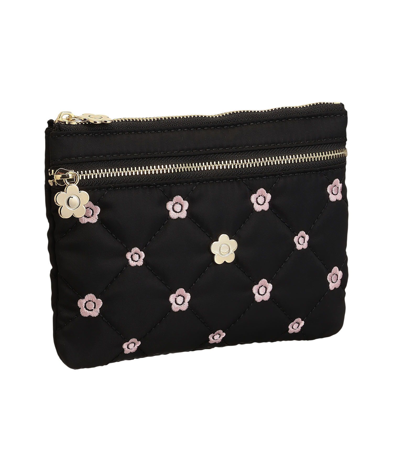 MARY QUANT「キルトデイジー刺繍 2ファスナーポーチ」|ポーチ|ブラック