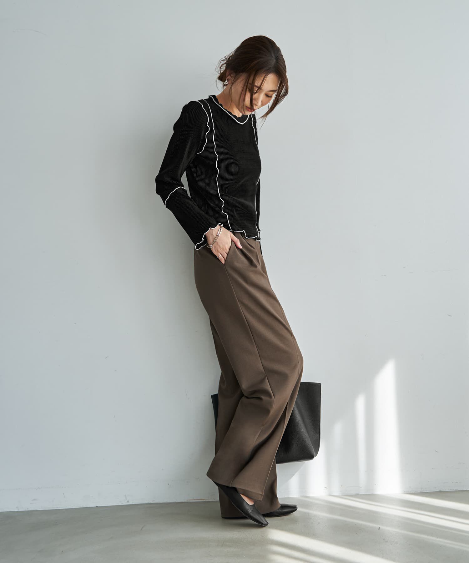 STYLE DELI「メロウリブ◆微光沢プリーツ調ライントップス」|Tシャツ・カットソー|