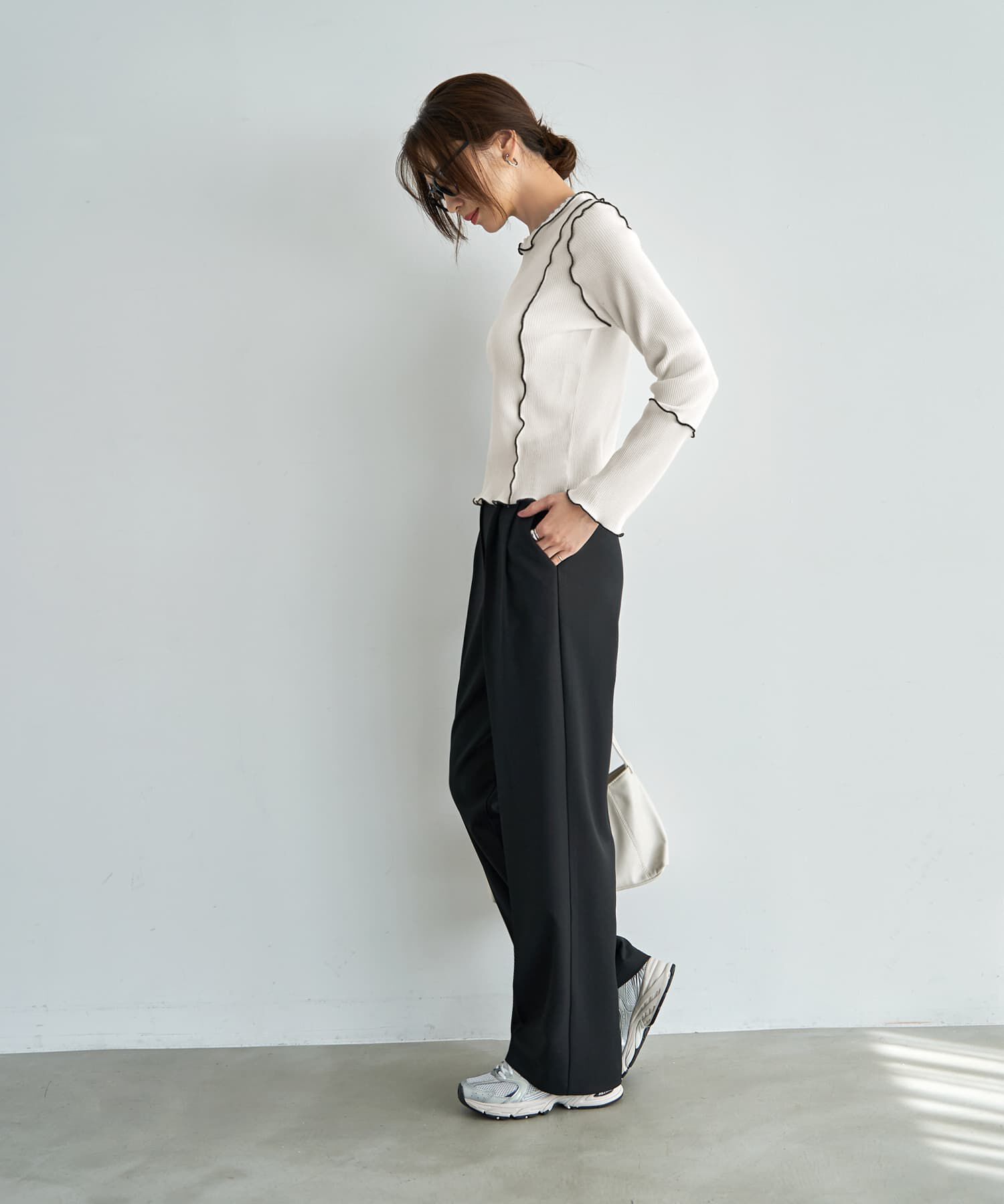 STYLE DELI「メロウリブ◆微光沢プリーツ調ライントップス」|Tシャツ・カットソー|