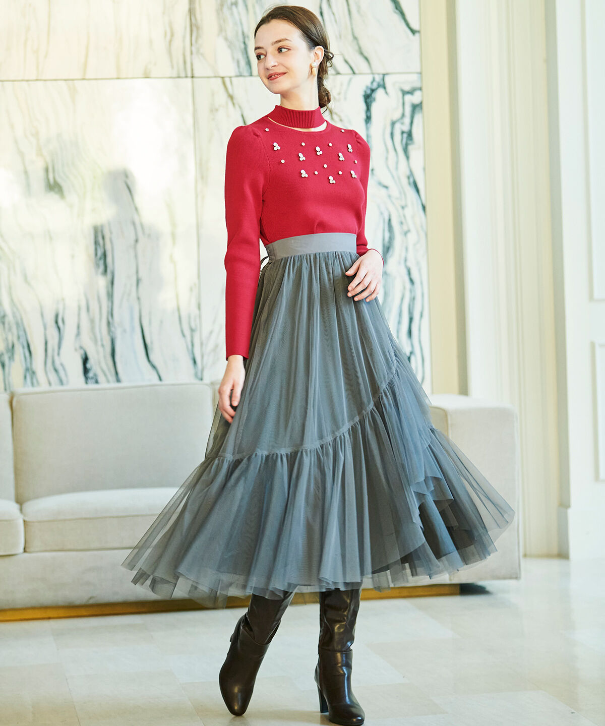 アンドクチュール「スリットハイネックビジューニットプルオーバー」|ニット・セーター|