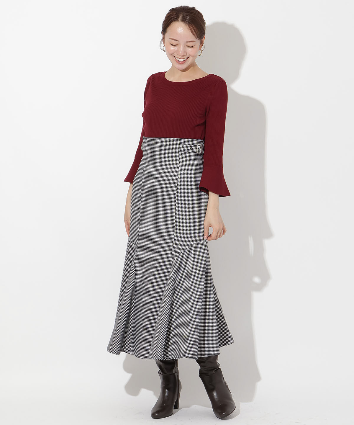 アンドクチュール「サイドベルト千鳥切替スカート」|フレア|ブラック