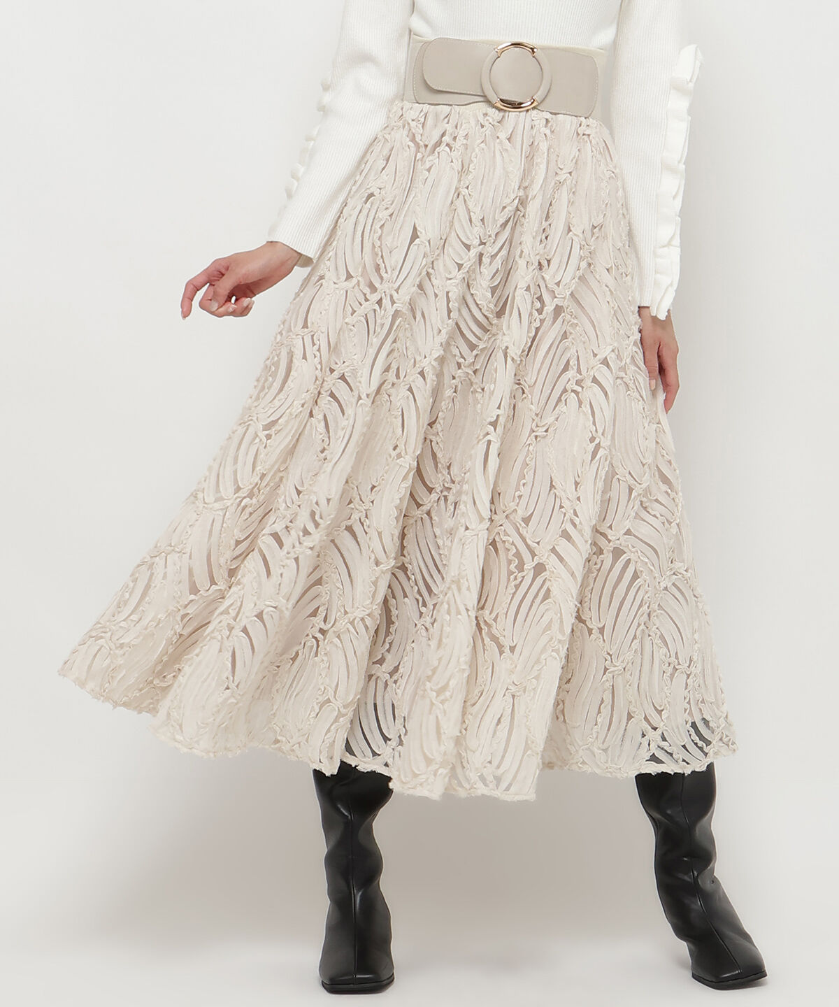 アンドクチュール「ウエストリブコード刺しゅうロングスカート」|フレア|