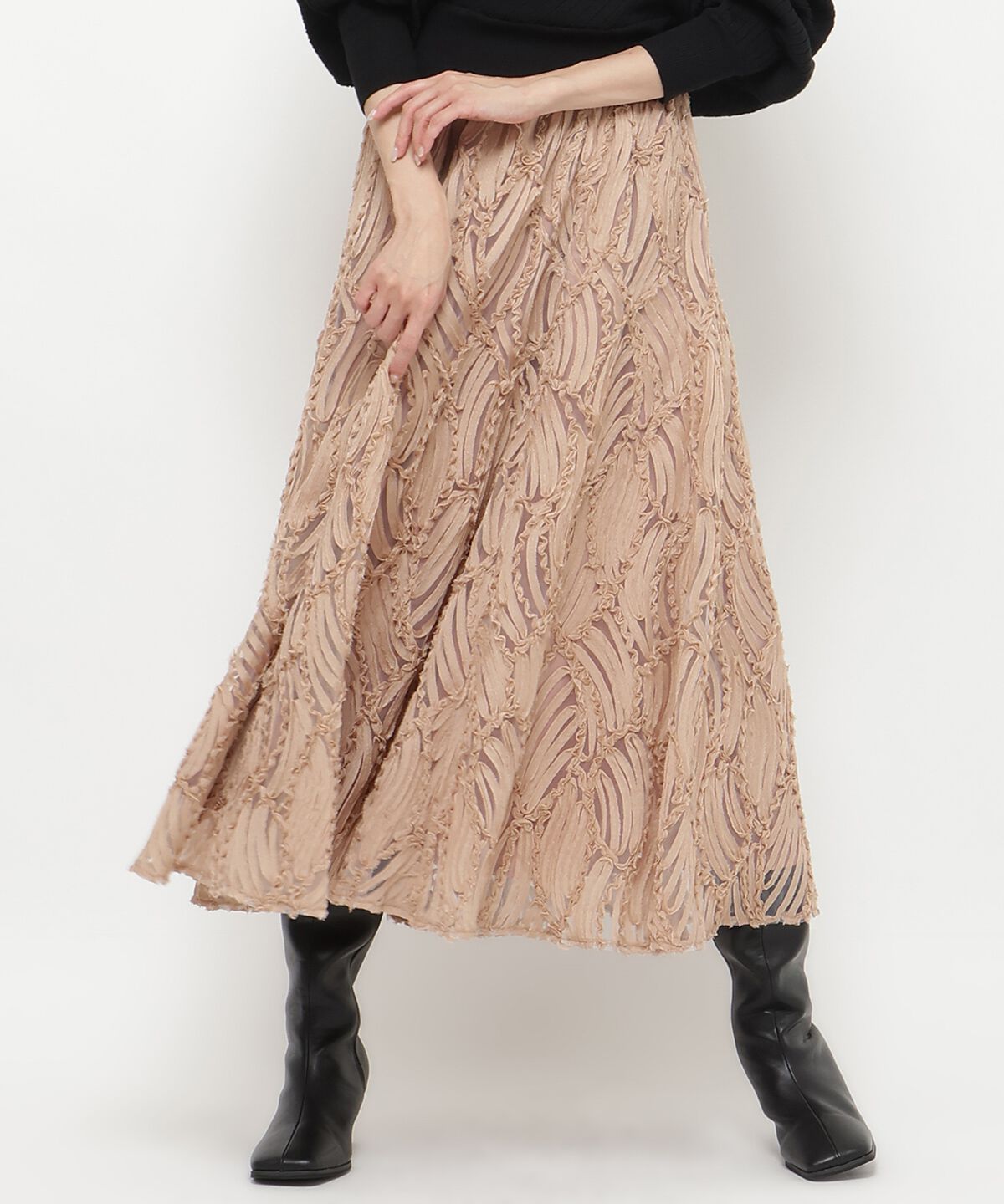 アンドクチュール「ウエストリブコード刺しゅうロングスカート」|フレア|ピンク