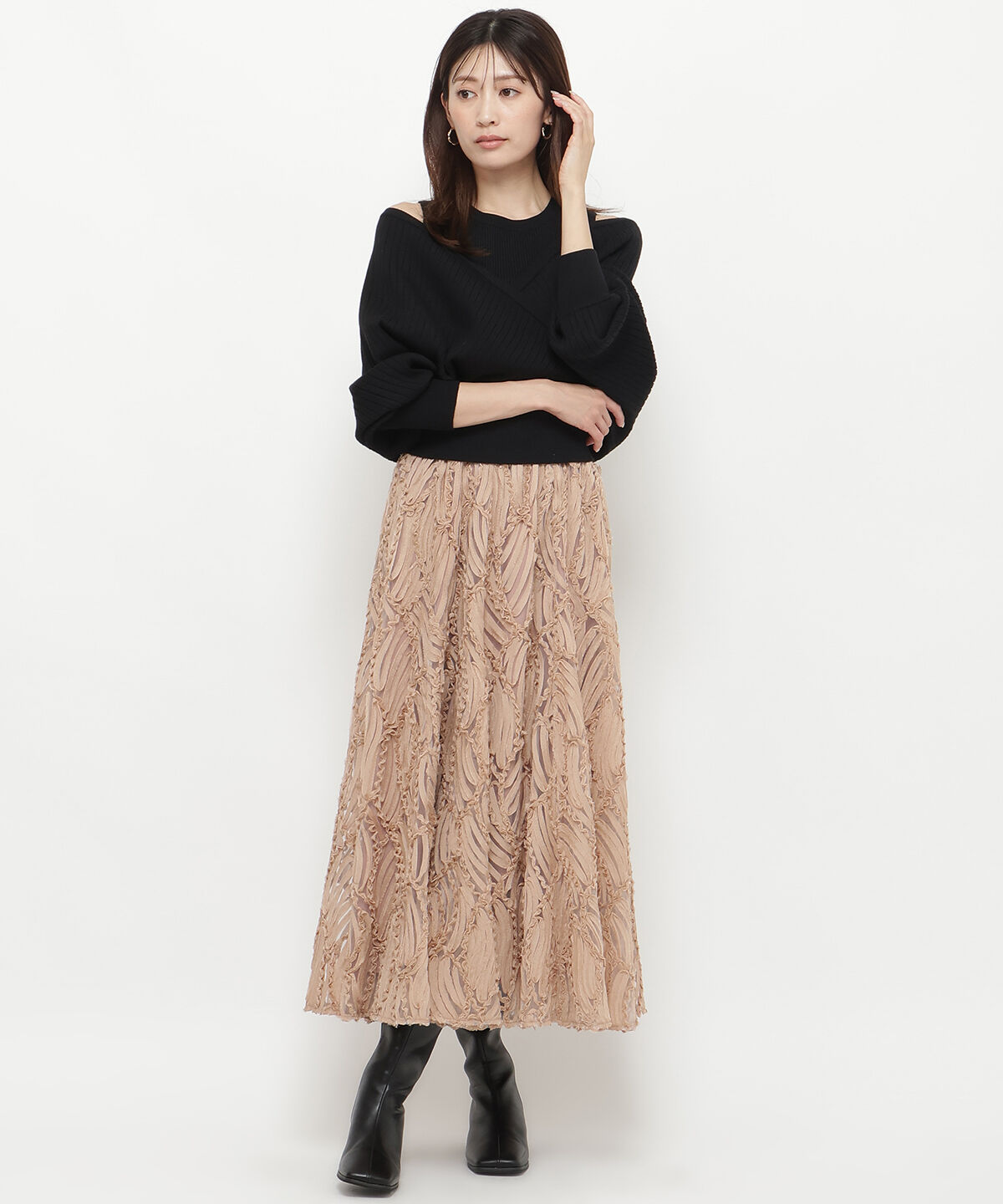 アンドクチュール「ウエストリブコード刺しゅうロングスカート」|フレア|