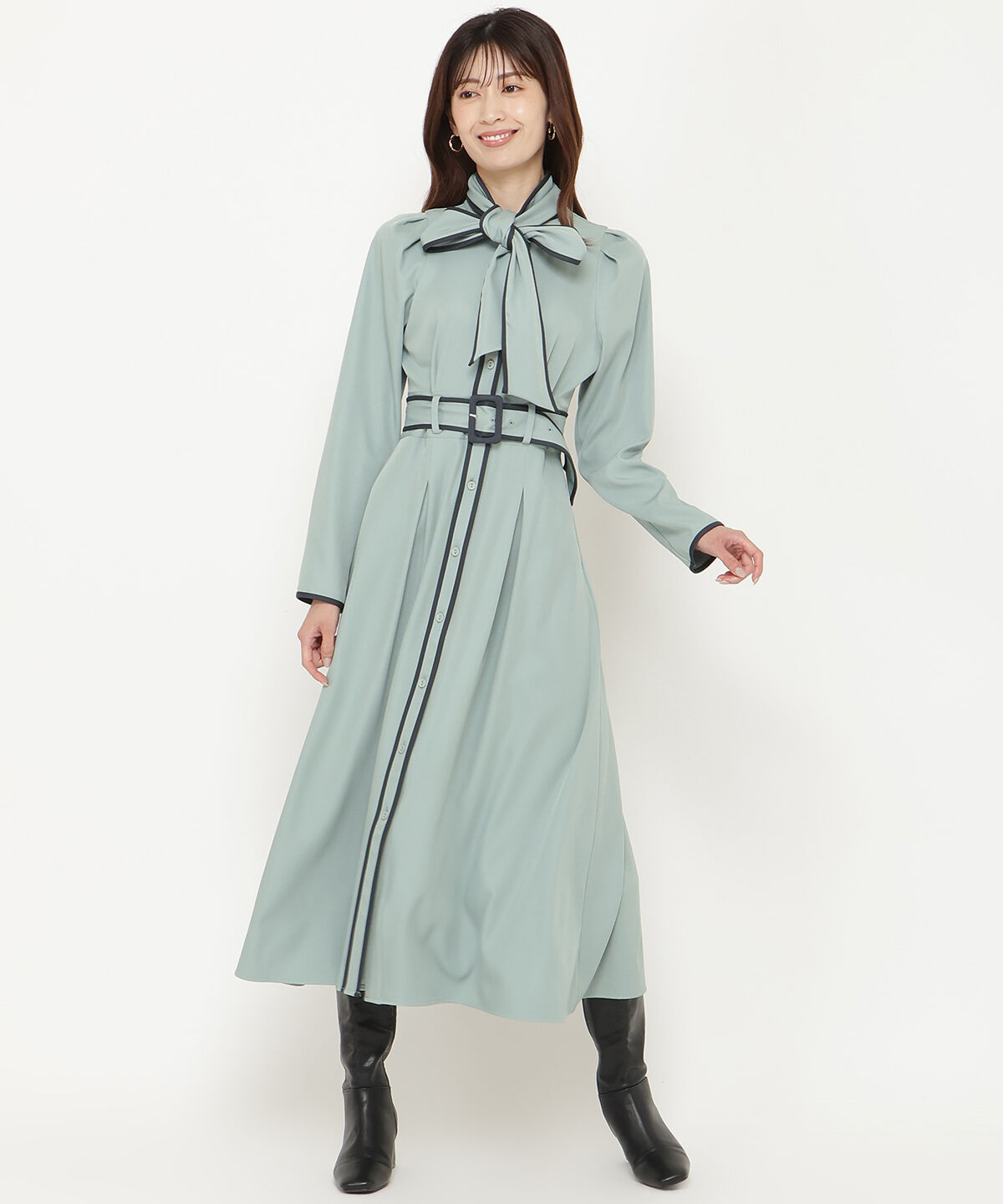 アンドクチュール「配色パイピングボウタイ付きワンピース」|ワンピース|