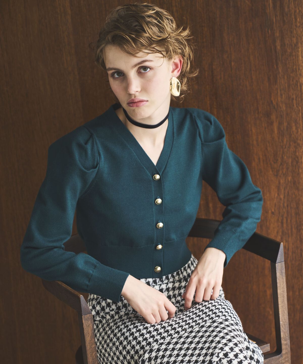 アンドクチュール「袖ギャザーVネックカーデプルオーバー」|カーディガン|ﾀﾞｰｸｸﾞﾘｰﾝ