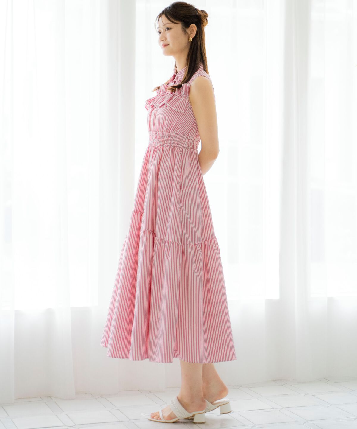 アンドクチュール「ヨークフリルストライプシャツワンピース」|ワンピース|