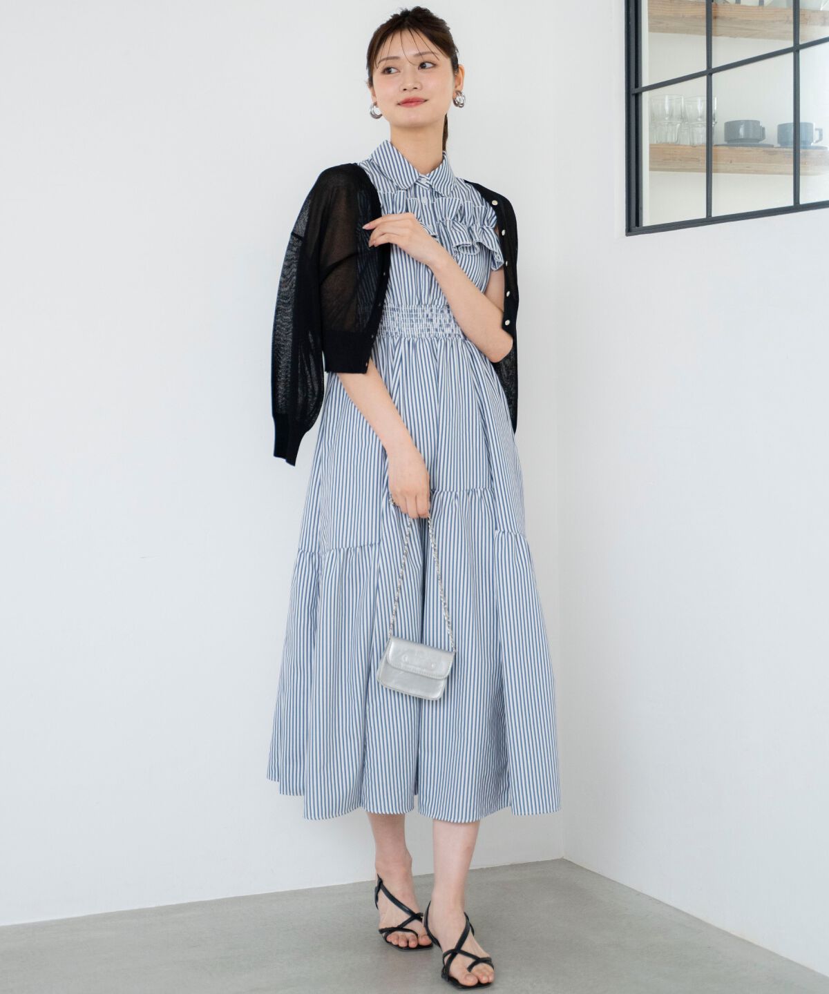 アンドクチュール「ヨークフリルストライプシャツワンピース」|ワンピース|