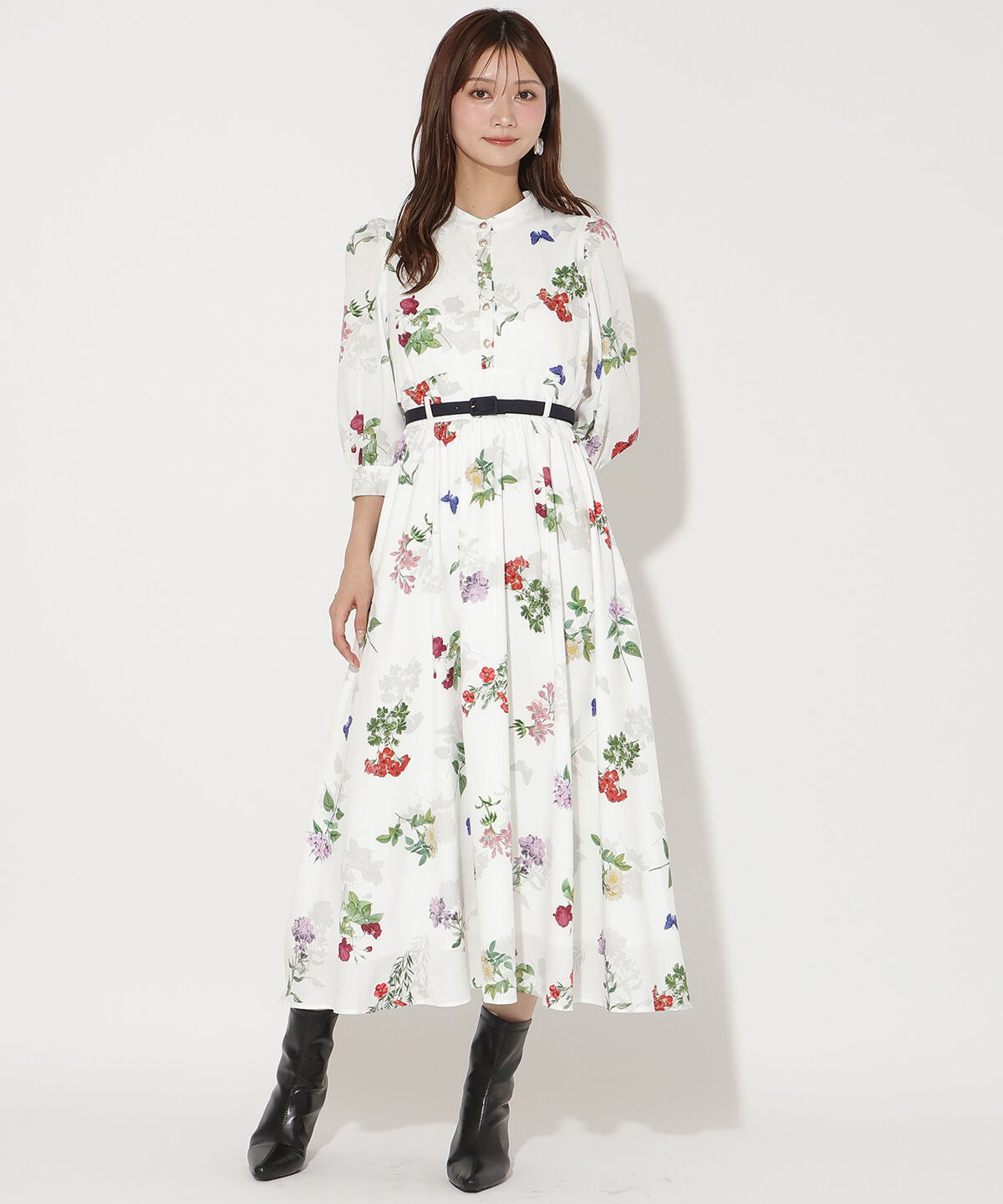 アンドクチュール「クラシックフラワープリント7分袖ワンピース」|ワンピース|