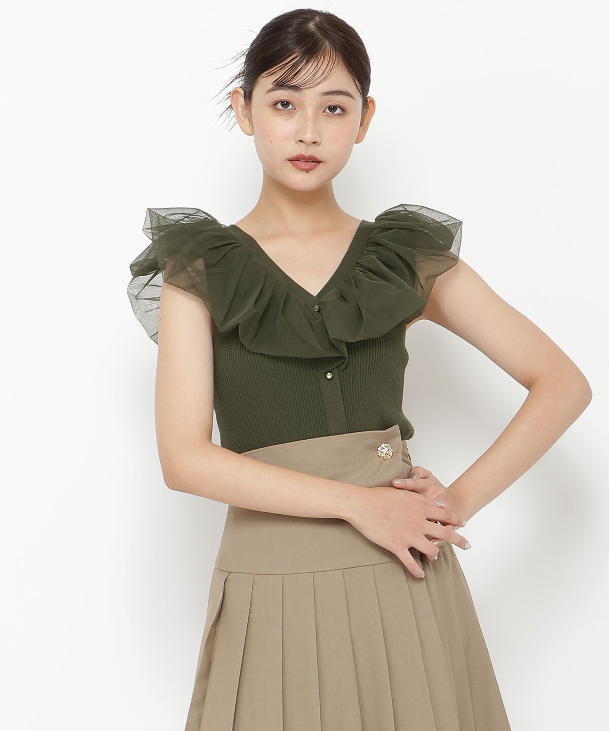 REDYAZEL「チュールドッキングニット」|ニット・セーター|グリーン