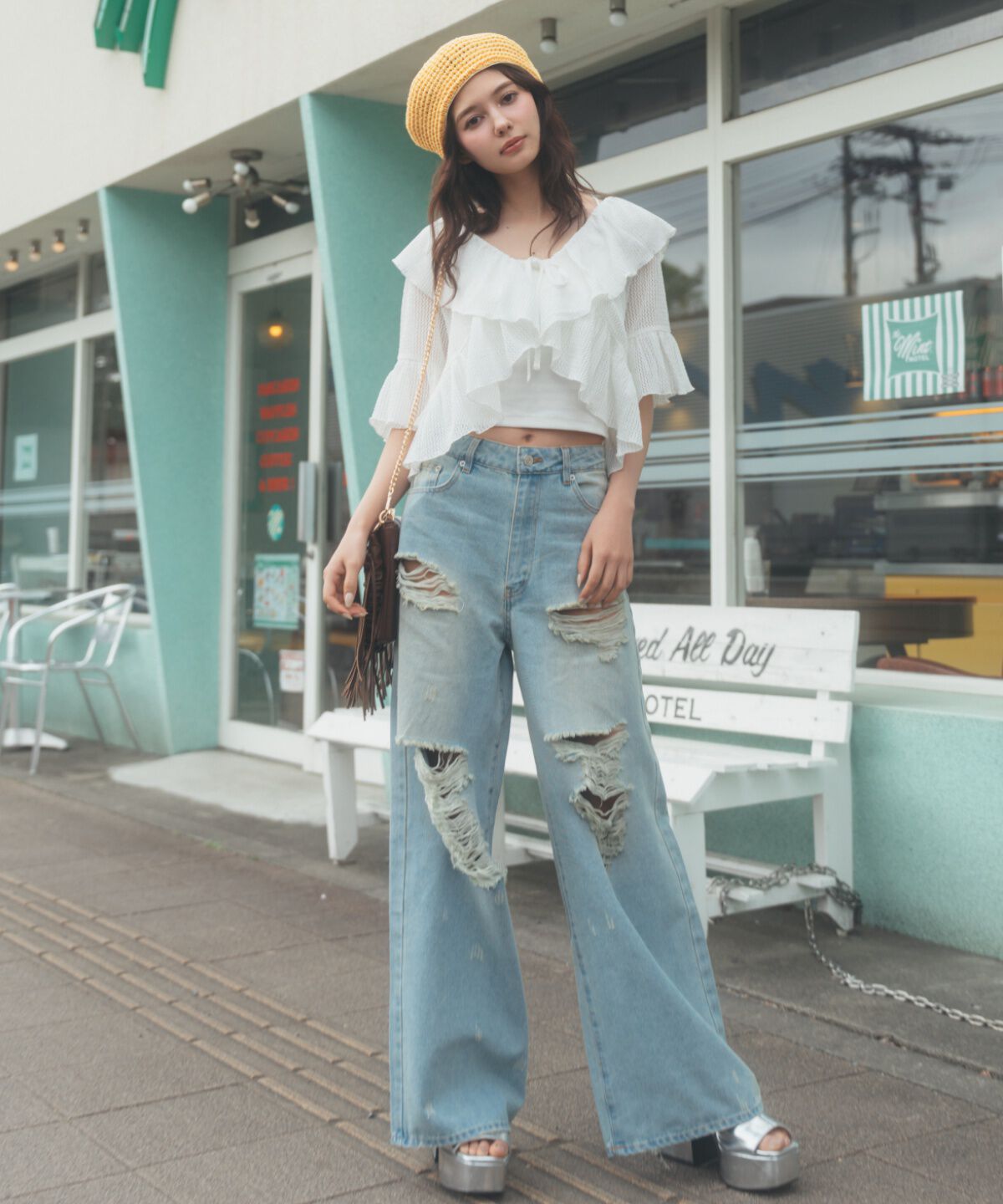 REDYAZEL「ハードダメージデニムパンツ」|デニム|サックス