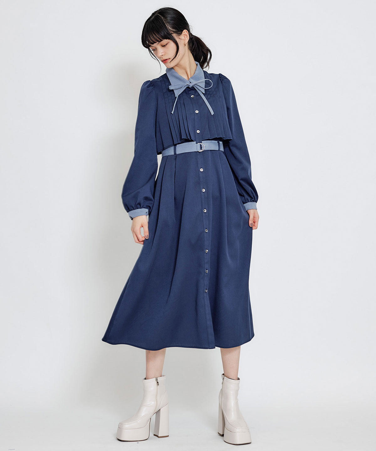 REDYAZEL「フロントプリーツリボンタイフレアロングワンピース」|ワンピース|