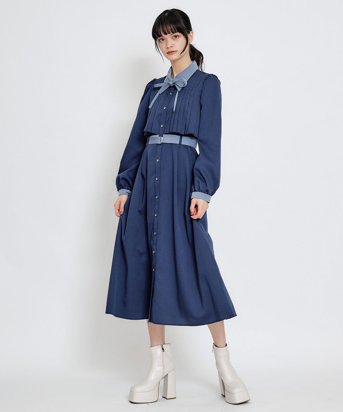 REDYAZEL「フロントプリーツリボンタイフレアロングワンピース」|ワンピース|