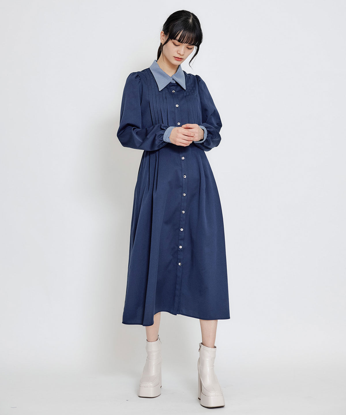 REDYAZEL「フロントプリーツリボンタイフレアロングワンピース」|ワンピース|