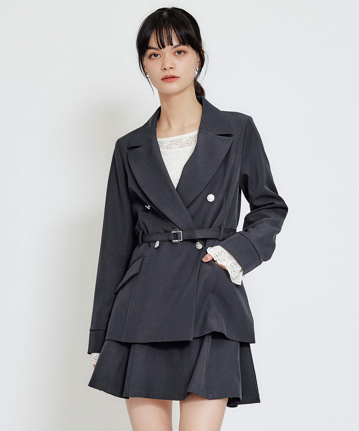 REDYAZEL「ワイドカラーミドルダブルジャケット」|テーラードジャケット|ネイビー