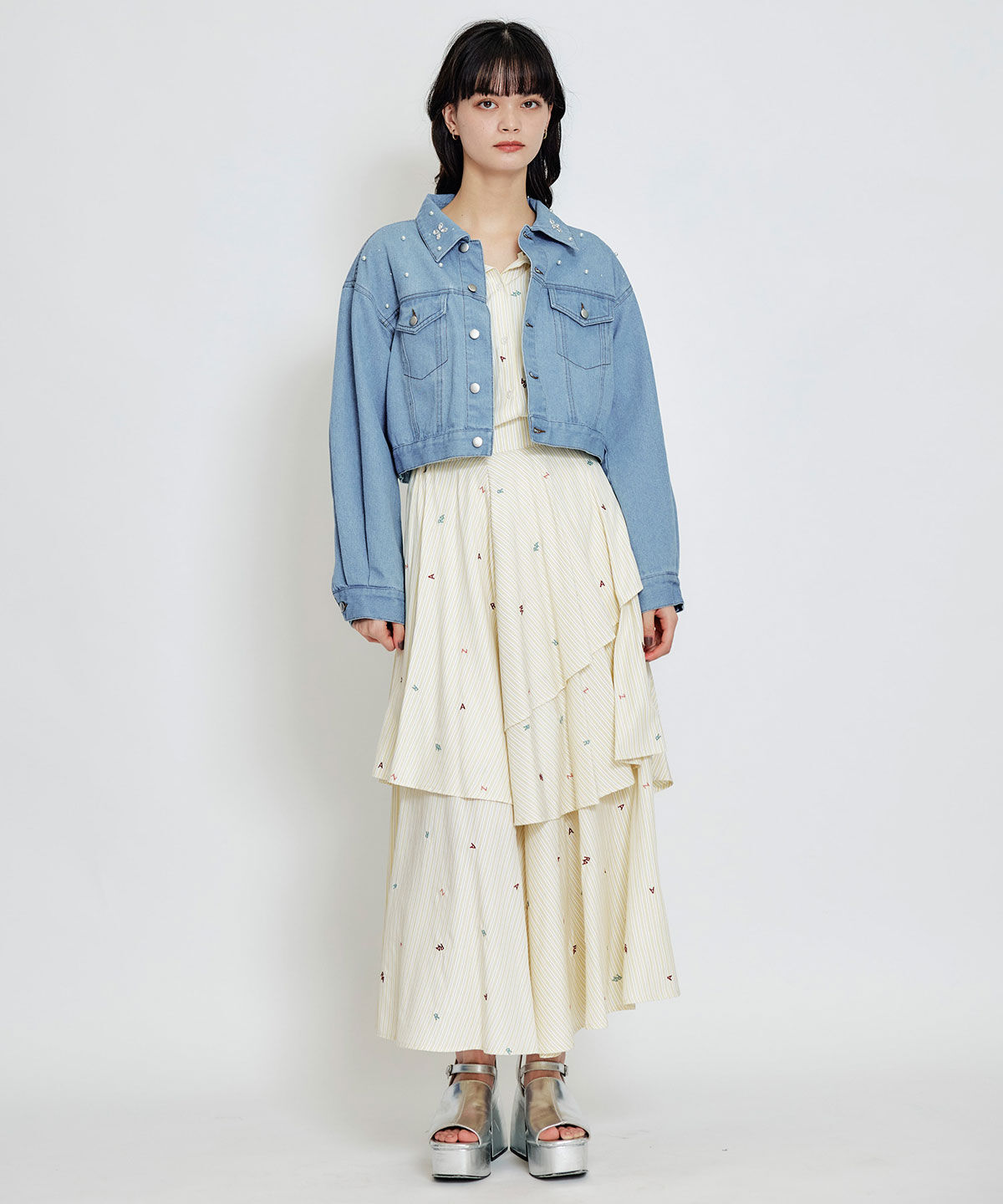 REDYAZEL「フラワービジューパールデニムジャケット」|デニムジャケット|