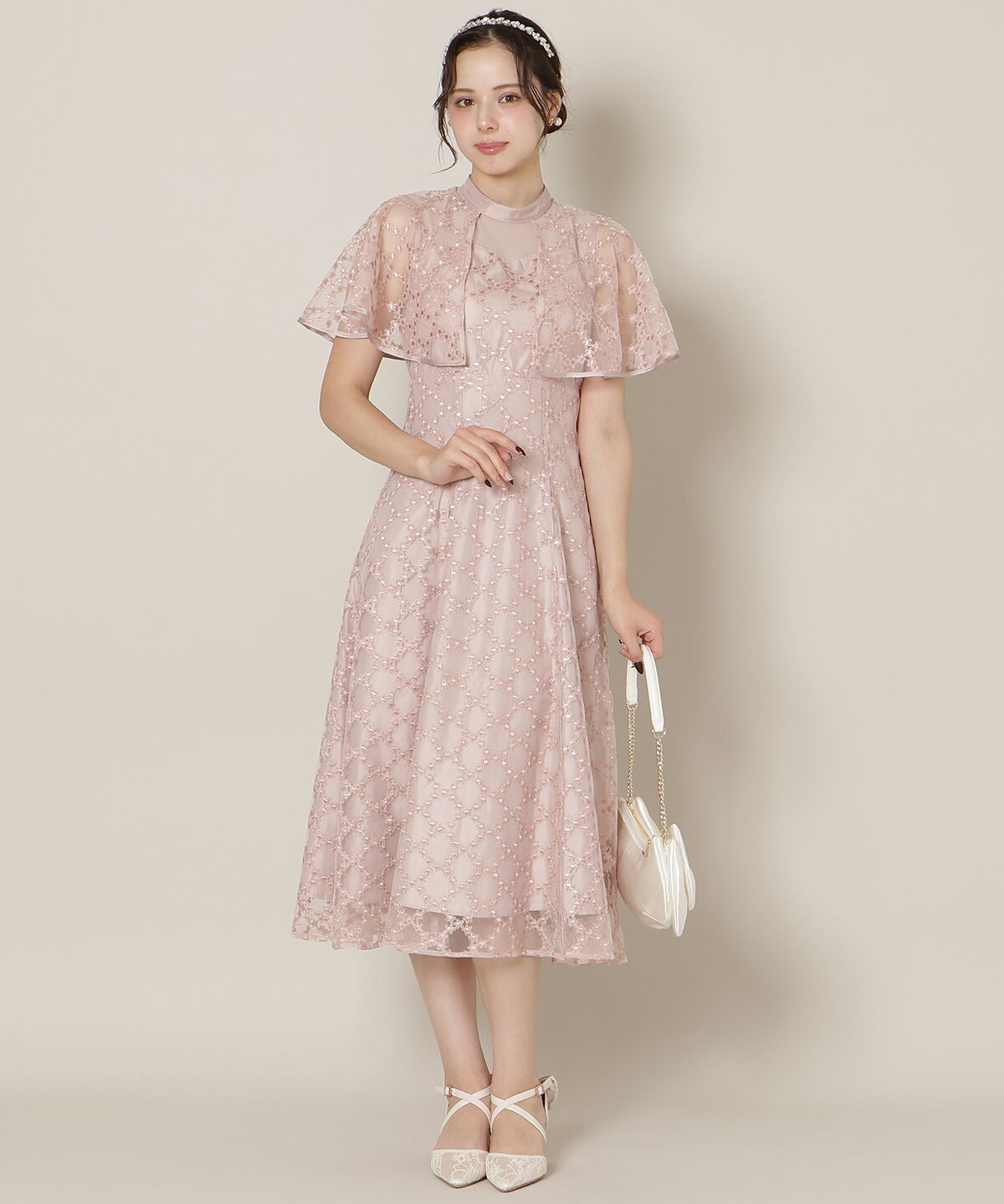 WILLSELECTION「パイピングケープフレアワンピース」|ドレス|ピンク