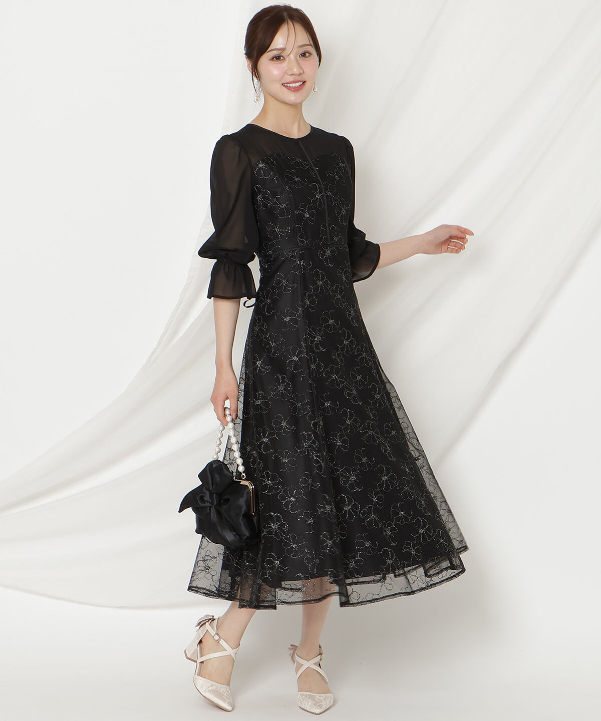 WILLSELECTION「パイピングラインレースフリルワンピース」|ドレス|ブラック