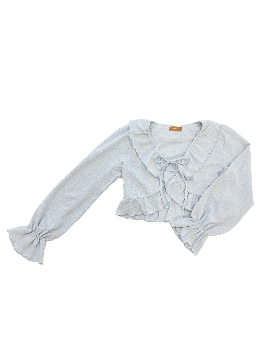 PEAK&PINE「【新作】ジャガード風ショート丈フリルカーディガン」|スポーツ|ブルー