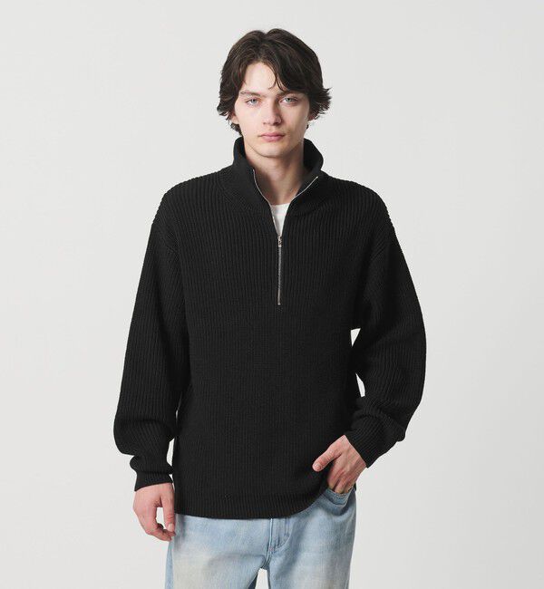 MONKEY TIME「バルキー アゼ ハーフジップ ニット」|ニット・セーター|BLACK