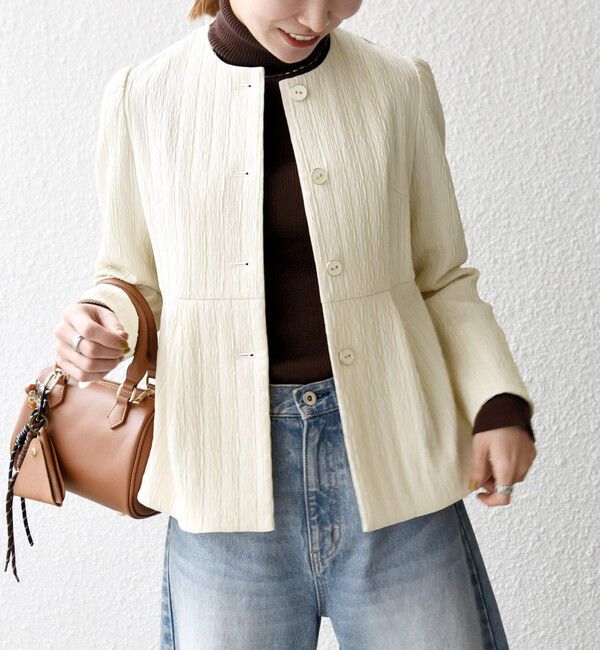 SHIPS any「SHIPS any:〈手洗い可能〉ジャカード ノーカラー ペプラム ジャケット［NAVY BLUE］」|ノーカラージャケット|