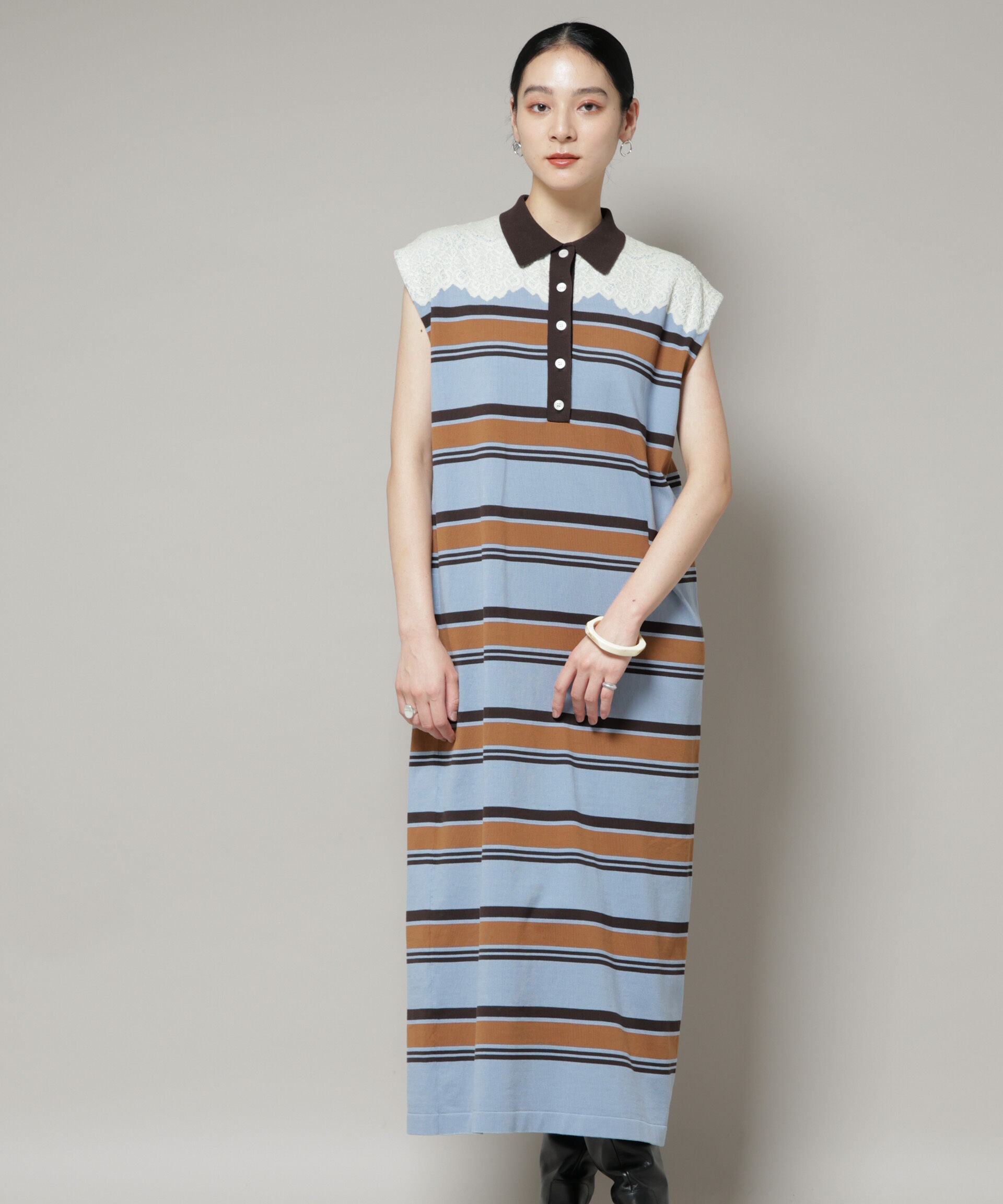 nano･universe「コットンボーダーレース編みポロニットワンピース」|ワンピース|