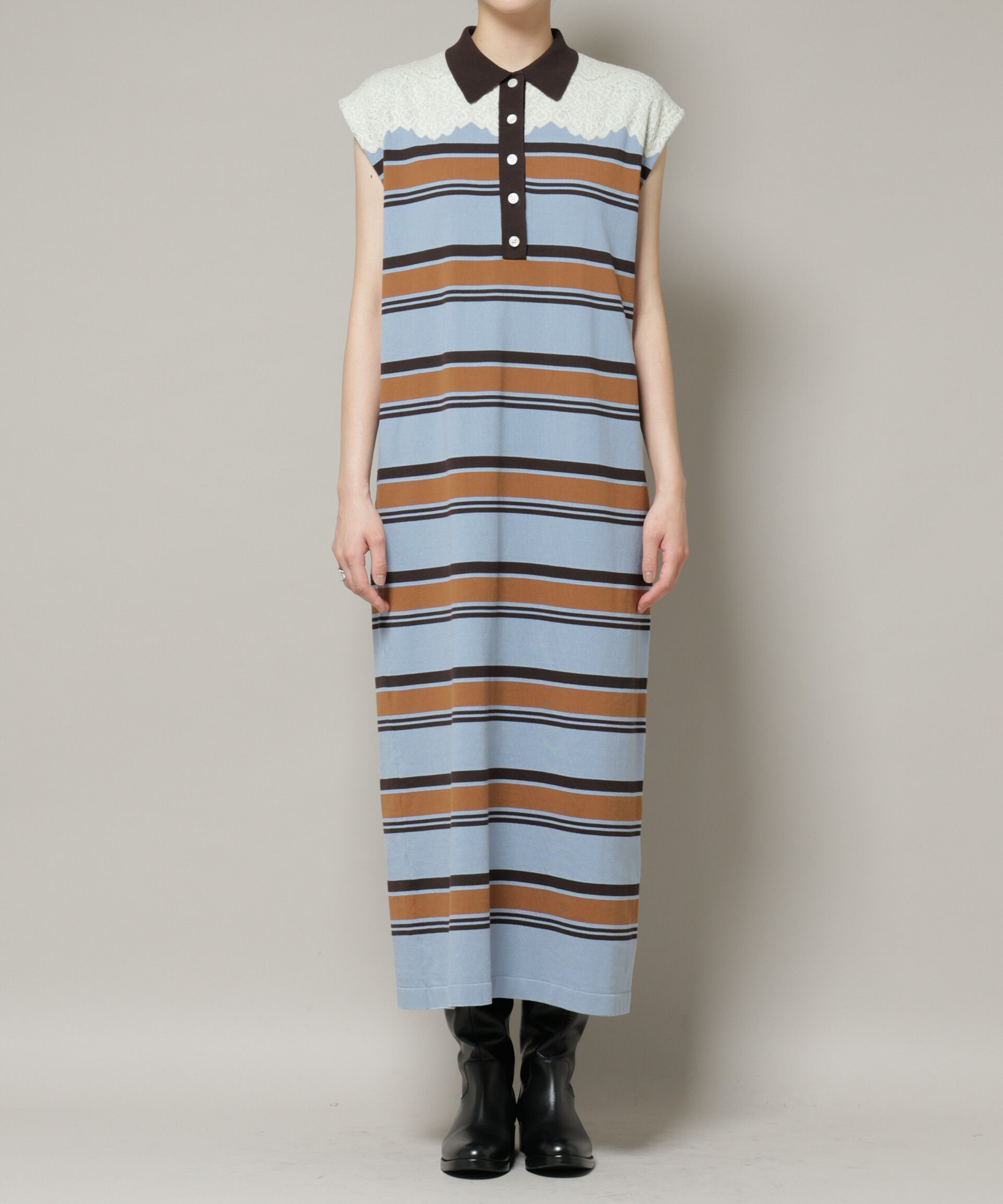 nano･universe「コットンボーダーレース編みポロニットワンピース」|ワンピース|