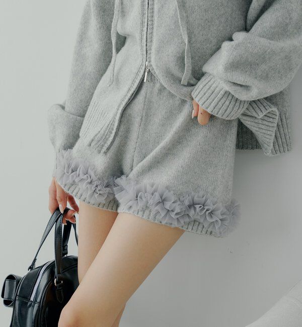  「【セットアップ対応】裾フリルニットショートパンツ」|チノ|グレー