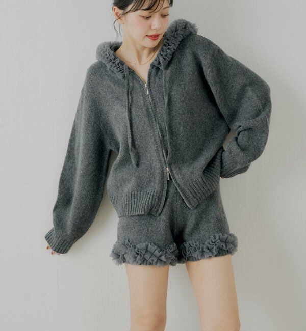  「【セットアップ対応】裾フリルニットショートパンツ」|チノ|