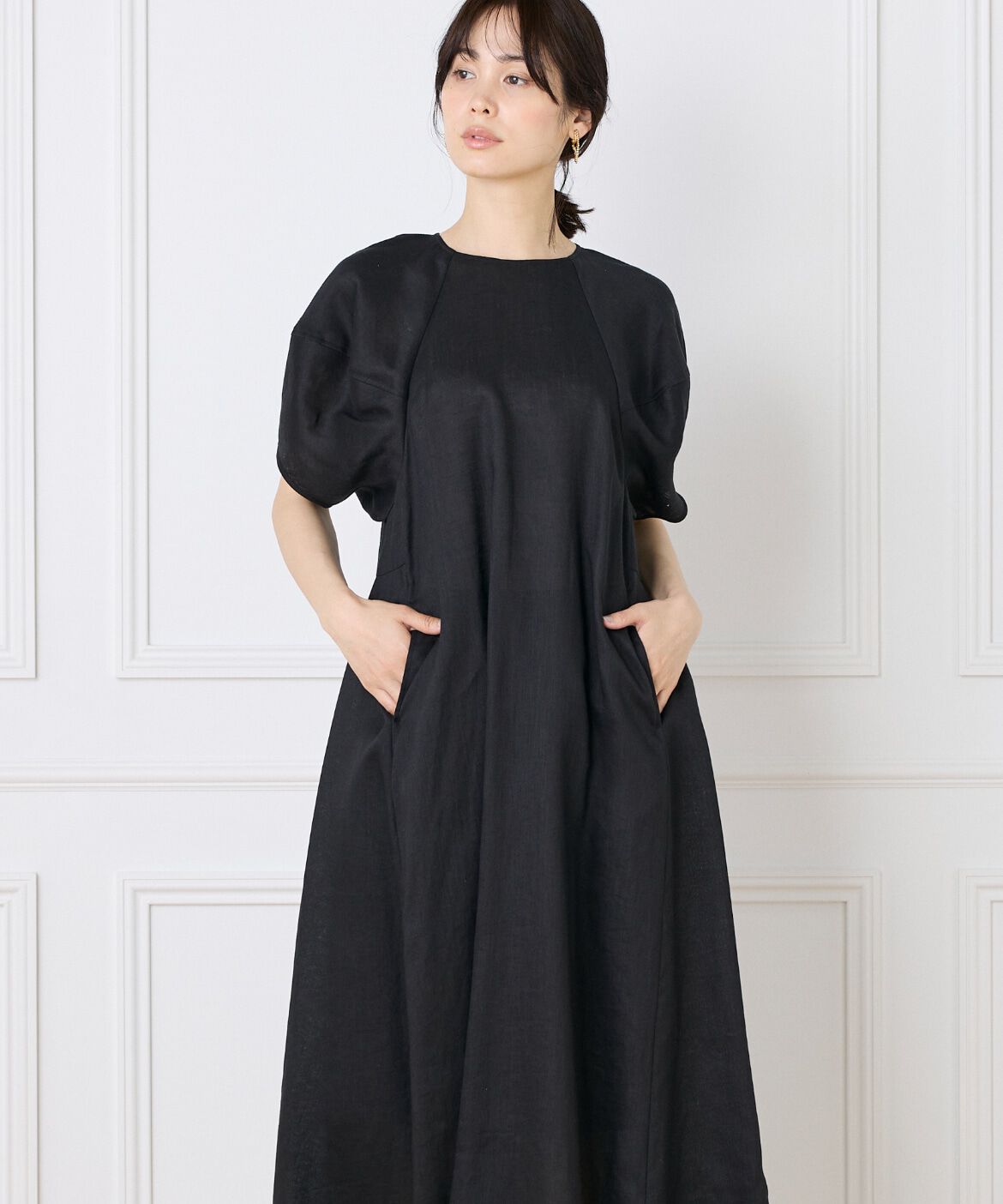 INED「《WEB限定》ボリュームスリーブリネンワンピース」|ワンピース|ブラック