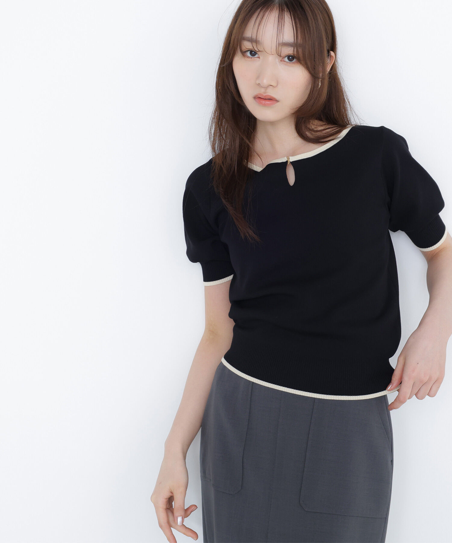  「バイカラーメタルポイントニット」|ニット・セーター|ブラック&times;ベ  2