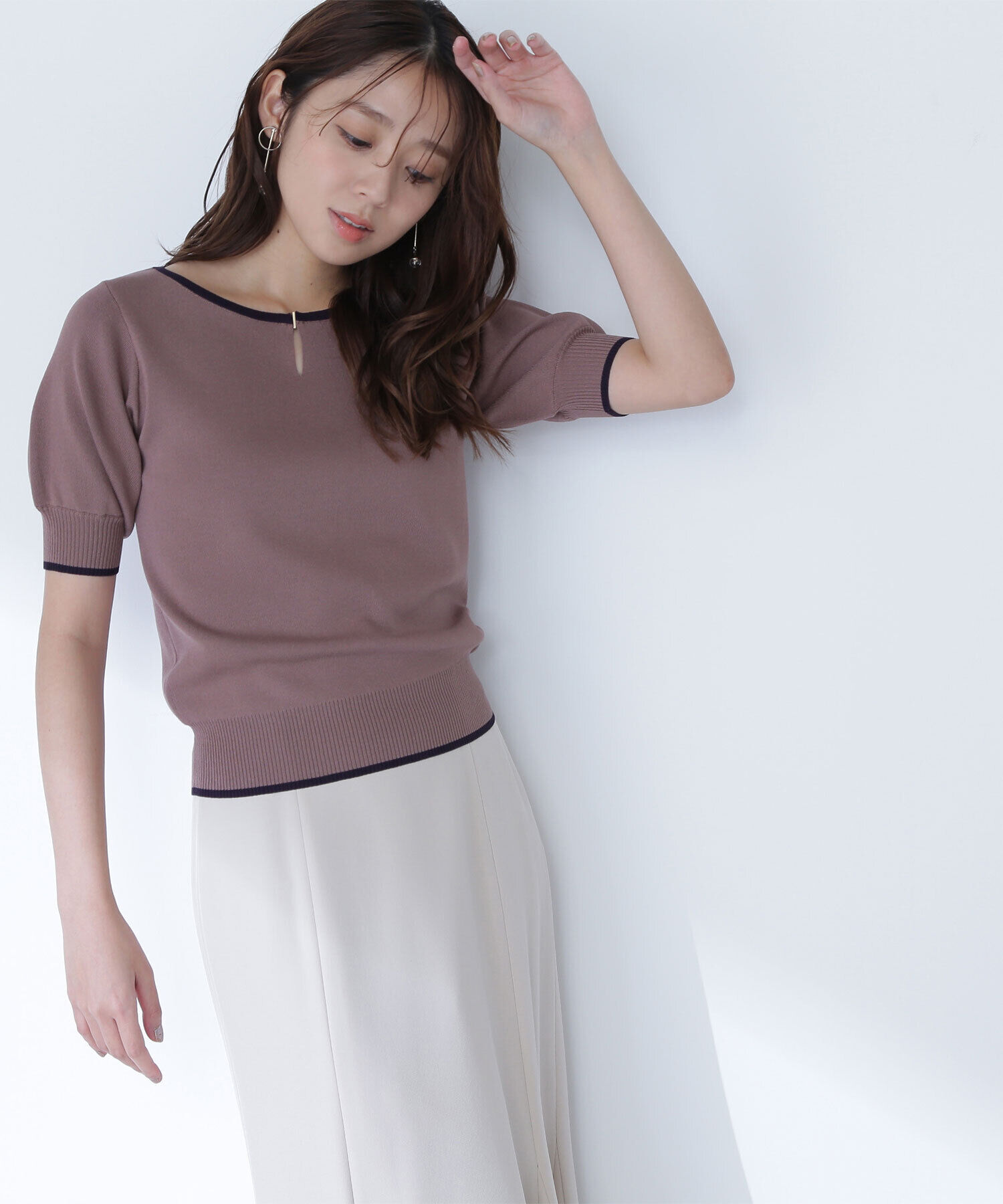  「バイカラーメタルポイントニット」|ニット・セーター|モカ&times;ネイビ  2